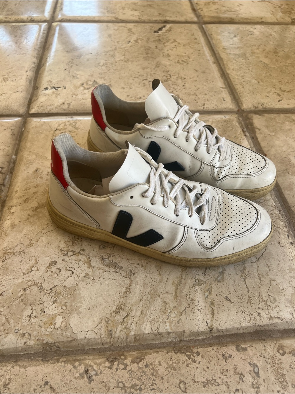 Veja Men’s White Leather Sneakers with Black Logo and Red Heel Tab